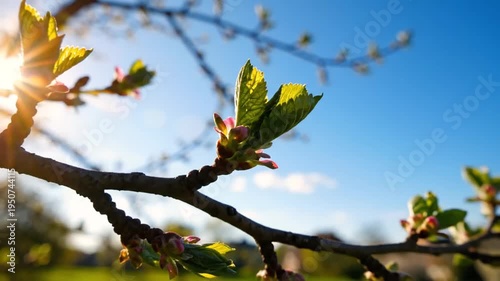Spring Awakening New Leaves Budding on Tree Branch Against Blue Sky Sunlight.