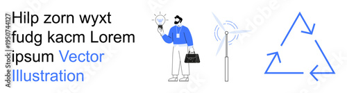 Renewable energy, sustainable solutions, environmental conservation, circular economy, eco-friendly innovation, clean energy. A person stands near a wind turbine with a recycling icon. Renewable