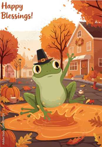 Happy Frog In Pumpkin Patch Wearing Pilgrim Hat Autumn Greeting Card