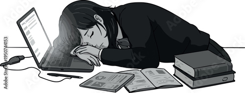 Overworked Employee Sleeping at Desk with Laptop and Papers