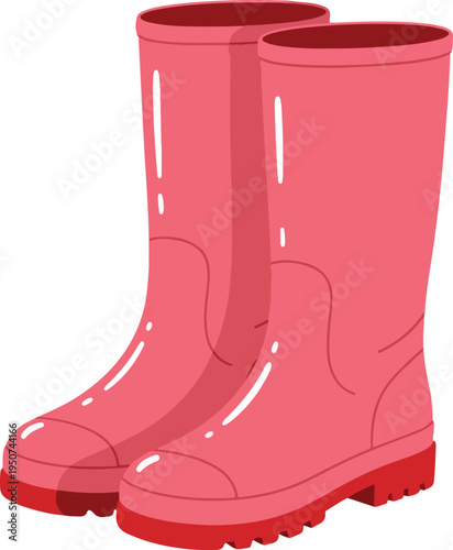 Pair Of Pink Rubber Rain Boots Isolated On White Background Flat Design Style