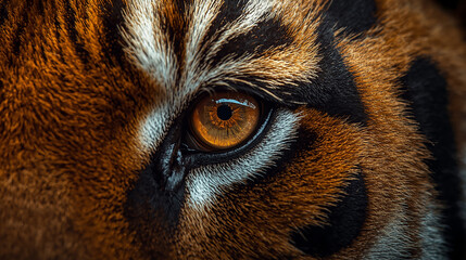 Tiger Eye Close Up. Extreme close-up photo of a tiger eye with a bright amber iris and dark round pupil, detailed orange and black striped fur surrounding the eye, natural sunlight reflecting on the e