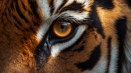 Tiger Eye Close Up. Extreme close-up photo of a tiger eye with a bright amber iris and dark round pupil, detailed orange and black striped fur surrounding the eye, natural sunlight reflecting on the e