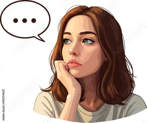 Pensive Woman Thinking Contemplative Thought Bubble White Background Soft Lighting