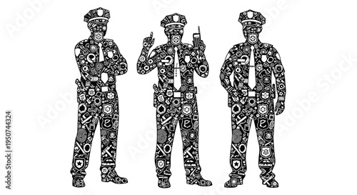 Set of 3 police officers icons vector, black and white