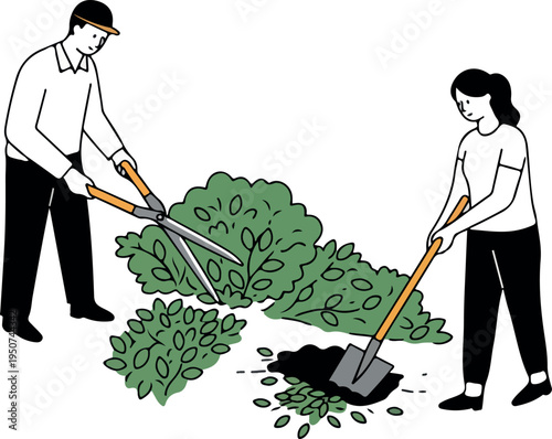 Gardening Duo Pruning Bush with Shears and Digging Soil with Shovel