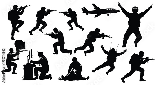Set of 11 military silhouette icons vector