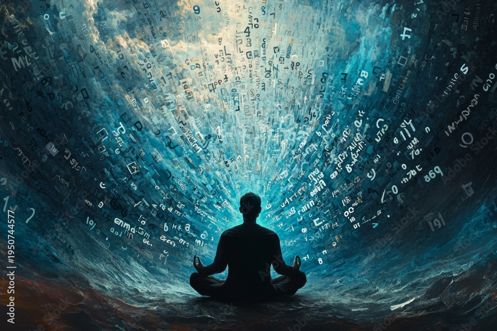 Fototapeta premium Meditative male figure surrounded by symbols in cosmic chaos