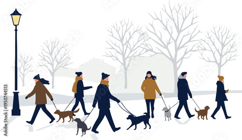 People Walking Dogs Winter Park Flat Design Snow Trees Streetlight