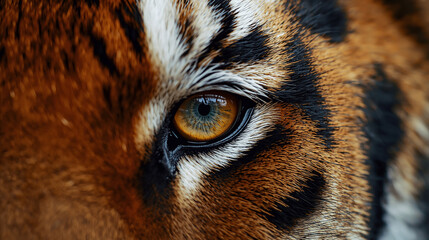 Tiger Eye Close Up. Extreme close-up photo of a tiger eye with a bright amber iris and dark round pupil, detailed orange and black striped fur surrounding the eye, natural sunlight reflecting on the e