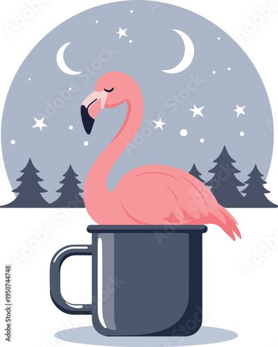 Pink Flamingo In Cup At Night Moon Stars Forest Background Pixel Art Style