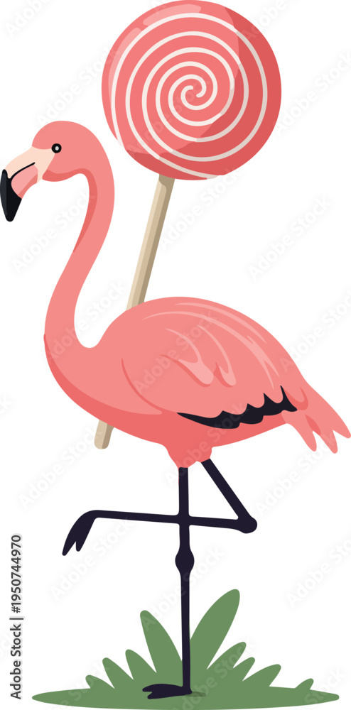 Obraz premium Pink Flamingo With Swirl Lollipop Candy On Green Grass Isolated Object