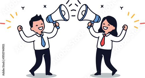 Happy People With Megaphones Announcing Good News Flat Design Vector