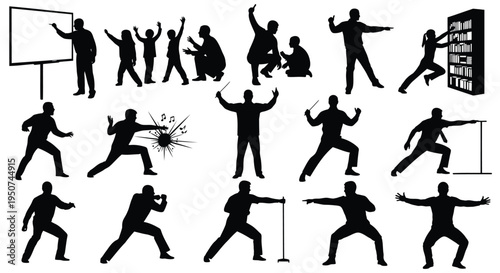 Set of 16 black silhouette people vector