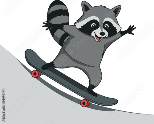 Happy Raccoon Skateboarder on Gray Ramp Vector Art