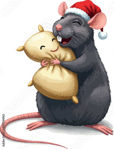 Happy Rat Hugging Pillow Wearing Santa Hat Christmas Joy Vector Art