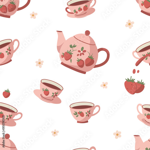 Pink Strawberry Tea Set Pattern with Flowers Pixel Art
