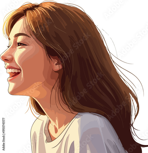 Happy Woman Profile Portrait Warm Sunlight Smiling Vector