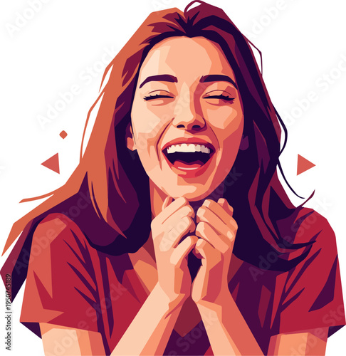 Happy Woman Laughing Joyfully with Arms Clasped in Vibrant Red T-shirt