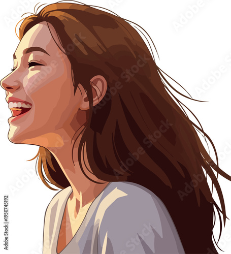 Happy Woman Laughing in Sunlight Warm Tones Vector Illustration