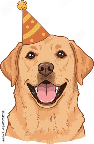 Happy Yellow Labrador Dog Wearing Festive Orange Party Hat