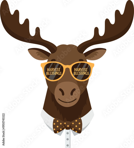 Harvest Blessings Moose in Sunglasses and Bowtie Flat Illustration