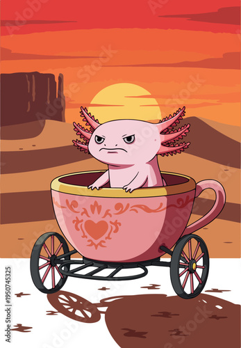 Pixel Art Axolotl in Teacup Carriage Desert Sunset Low Poly Style