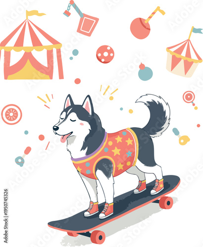 Husky Dog Rides Skateboard Colorful Circus Tent Background Cute Pet