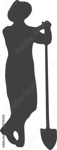 A black silhouette of a person wearing a hat and leaning comfortably on a long handled garden spade