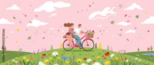 Romantic young couple riding a pink bicycle through a beautiful meadow filled with wildflowers under a soft pink sky for spring season marketing campaigns or valentines day card designs