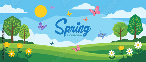 Beautiful spring landscape banner illustration with blooming flowers colorful butterflies flying over green hills under a sunny blue sky for seasonal marketing and promotional decorations