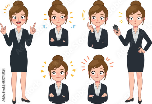 Pixel Art Businesswoman Character Set Showing Various Emotions and Poses