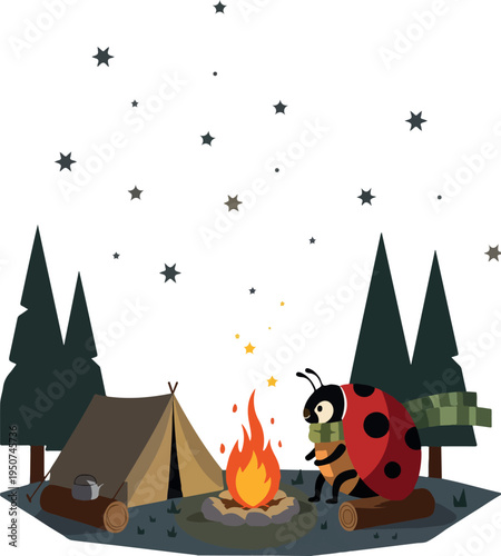 Pixel Art Camping Scene with Ladybug and Tent Under Starry Sky