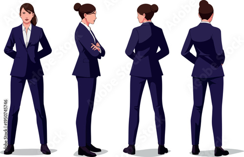 Pixel Art Businesswoman In Navy Blue Suit Four Poses Isolated