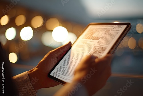Close-up of hands holding an e-reader with blurred lights in the background.