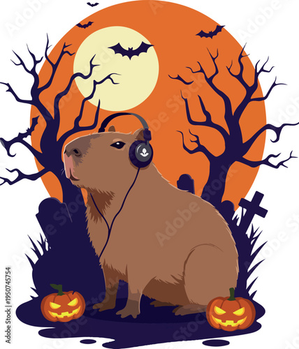 Pixel Art Capybara Halloween Listening Music With Pumpkin And Bats