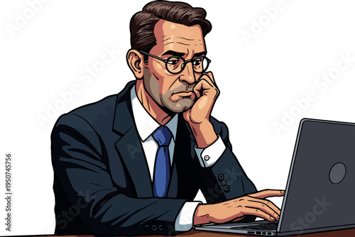 Pixel Art Businessman Typing On Laptop Wearing Dark Suit Blue Tie And Glasses