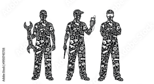 Set of 3 mechanic worker illustrations vector