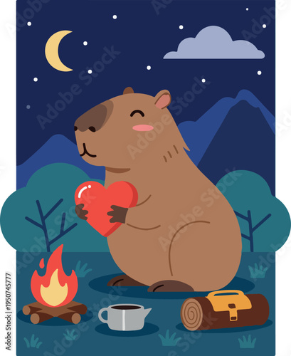 Pixel Art Capybara Holding Red Heart Outdoors At Night Minimal Illustration