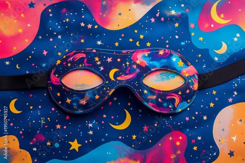 Colorful dreamscape sleep mask on starry patterned fabric