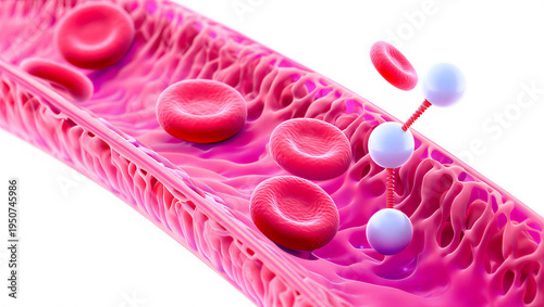 Red blood cells flowing through a blood vessel with antibodies  medical concept transparent background