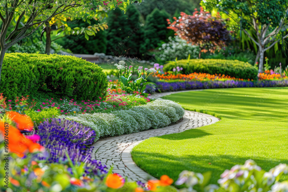 Obraz premium Landscape gardening design with green manicured lawn, green backyard with colorful blooming flower beds.