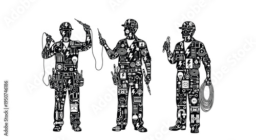 Set of 3 worker icons vector, industrial workers with tools