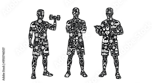 Set of 3 fitness icons vector, puzzle piece men lifting weights