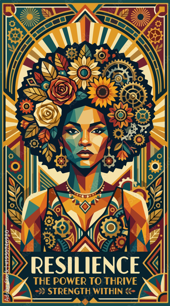 Fototapeta premium Art deco poster with woman portrait flowers gears and Resilience text