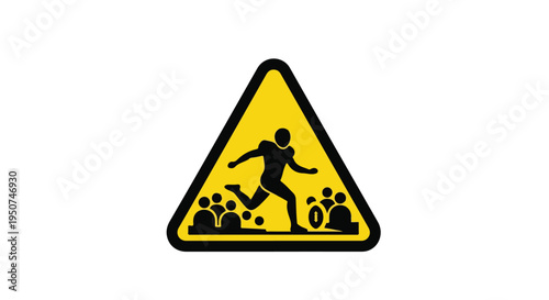 Free Download Close-up of a yellow triangular warning sign with a black silhouette of a person running and abstract shapes on a white background. - GFXLoad