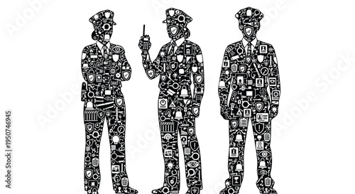 Set of 3 police officers icons vector, black and white