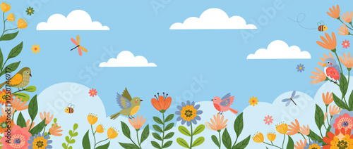 Beautiful Horizontal Spring Garden Illustration with Colorful Flowers Blooming Green Leaves Small Birds Dragonfly and Bee under Blue Sky for Seasonal Marketing Banner Backgrounds