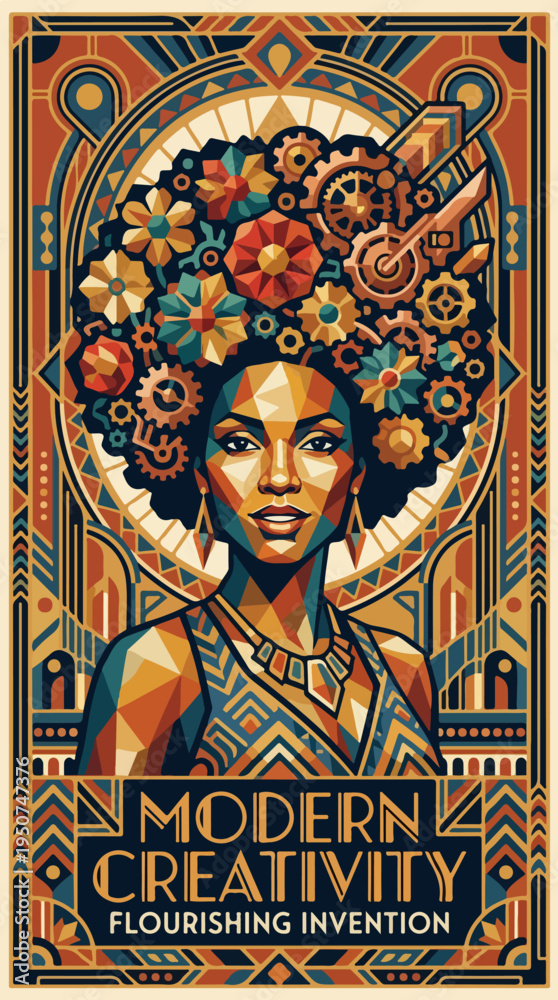 Fototapeta premium Geometric poster illustration of woman with afro flowers and gears