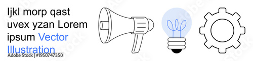 Communication, innovation, teamwork, problem-solving, strategy, operational management. A megaphone, lightbulb and gear icon. Communication and innovation illustrated within a conceptual framework